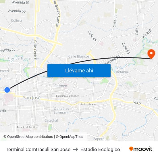 Terminal Comtrasuli San José to Estadio Ecológico map