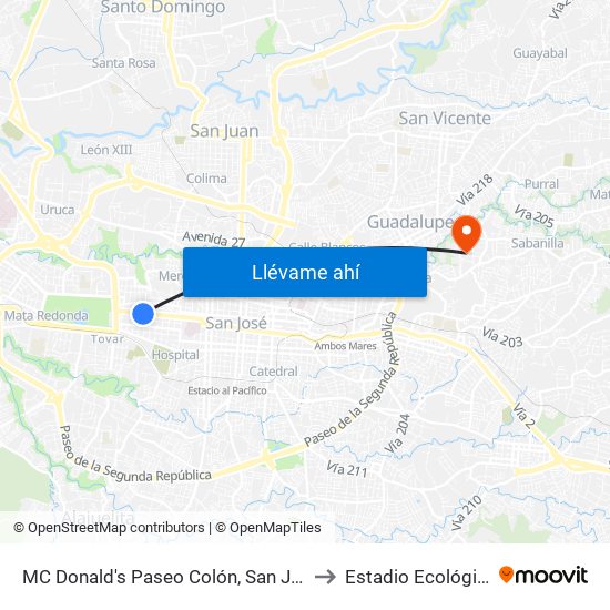 MC Donald's Paseo Colón, San José to Estadio Ecológico map