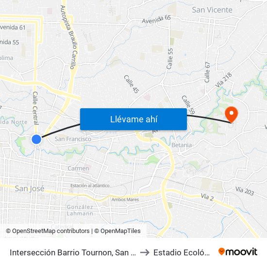Intersección Barrio Tournon, San José to Estadio Ecológico map