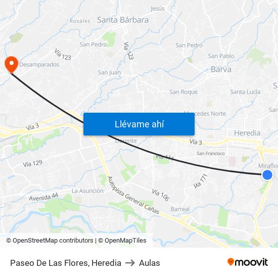 Paseo De Las Flores, Heredia to Aulas map