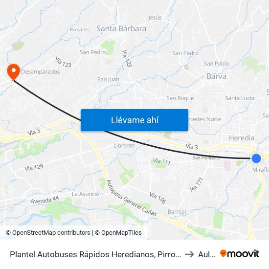 Plantel Autobuses Rápidos Heredianos, Pirro Heredia to Aulas map