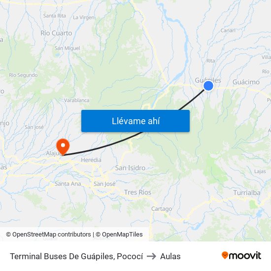 Terminal Buses De Guápiles, Pococí to Aulas map