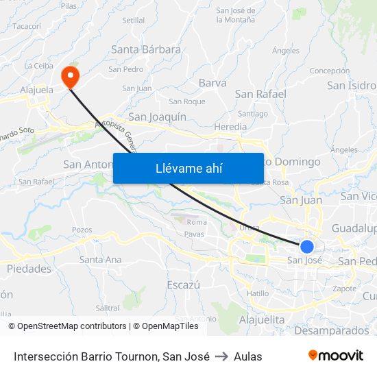 Intersección Barrio Tournon, San José to Aulas map