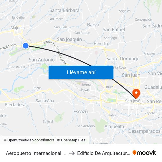 Aeropuerto Internacional Juan Santamaría, Alajuela to Edificio De Arquitectura Del Tec De San José map