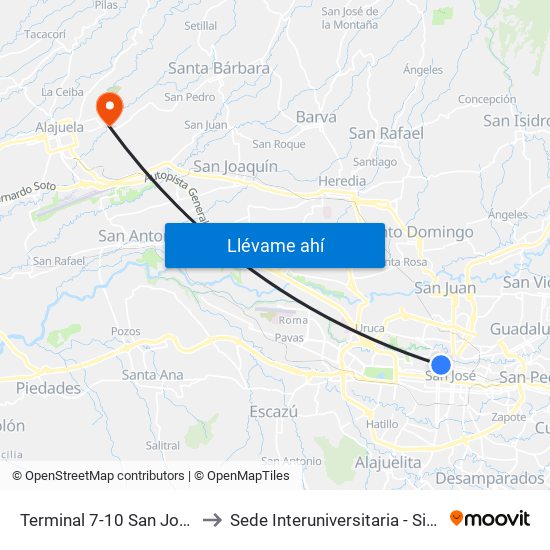 Terminal 7-10 San José to Sede Interuniversitaria - Siua map
