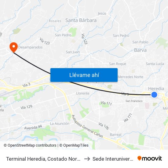 Terminal Heredia, Costado Norte Mercado Heredia to Sede Interuniversitaria - Siua map