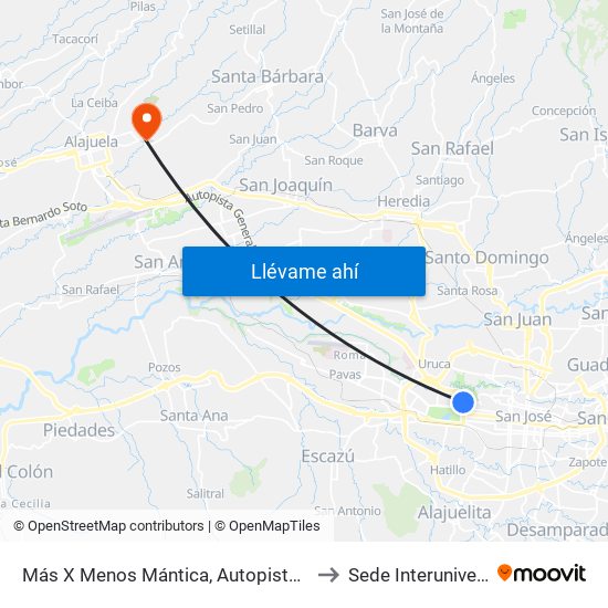 Más X Menos Mántica, Autopista General Cañas San José to Sede Interuniversitaria - Siua map