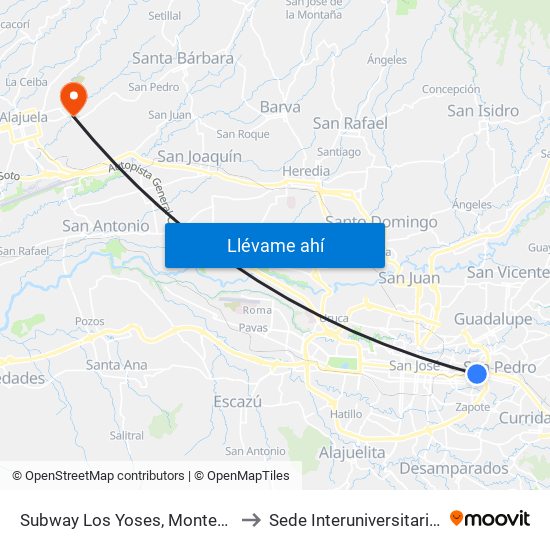 Subway Los Yoses, Montes De Oca to Sede Interuniversitaria - Siua map