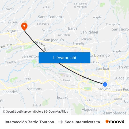 Intersección Barrio Tournon, San José to Sede Interuniversitaria - Siua map