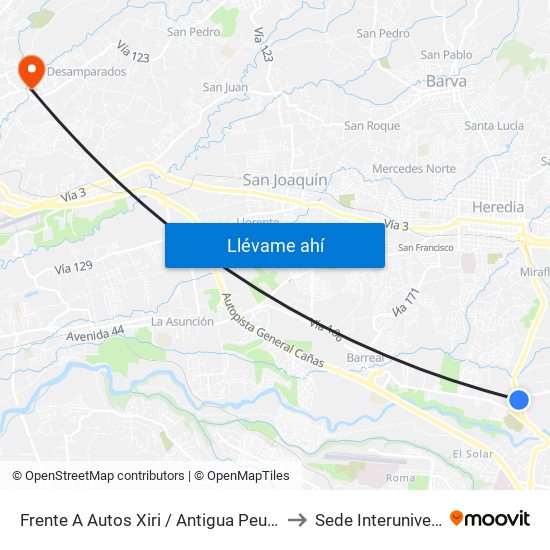 Frente A Autos Xiri / Antigua Peugeot, La Valencia Heredia to Sede Interuniversitaria - Siua map