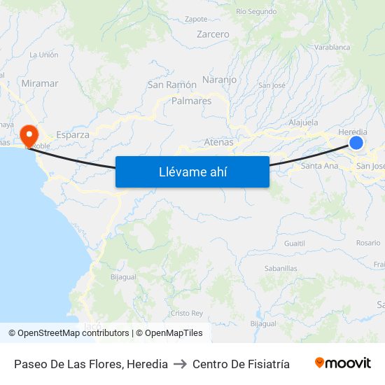 Paseo De Las Flores, Heredia to Centro De Fisiatría map
