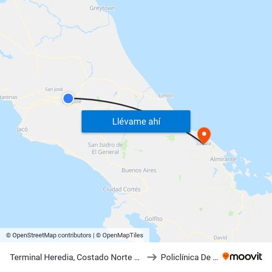 Terminal Heredia, Costado Norte Mercado Heredia to Policlínica De Guabito map