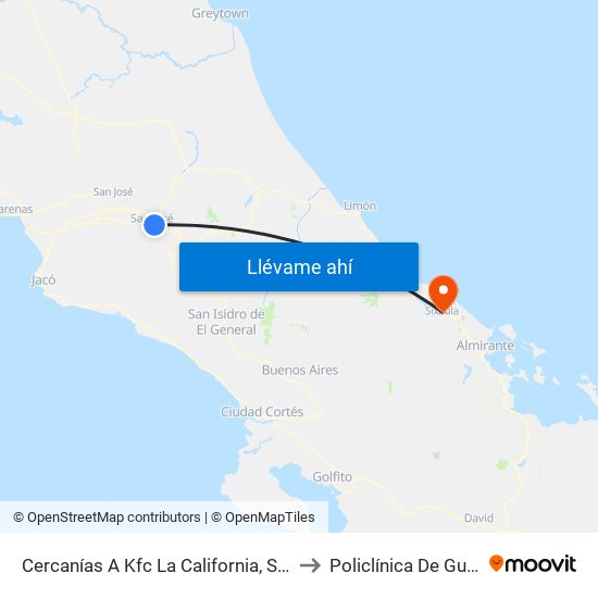 Cercanías A Kfc La California, San José to Policlínica De Guabito map