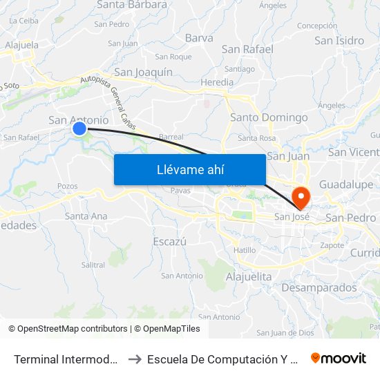 Terminal Intermodal San Antonio De Belén to Escuela De Computación Y Administración De Empresas Tec map