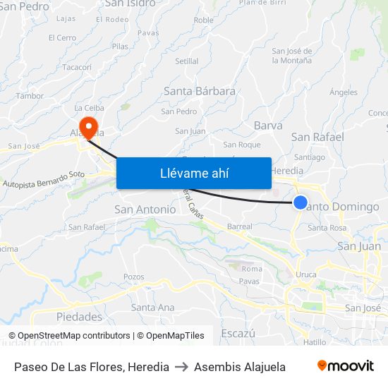 Paseo De Las Flores, Heredia to Asembis Alajuela map