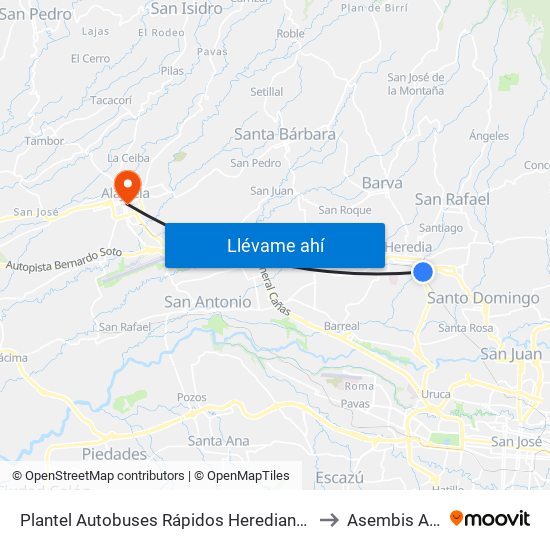 Plantel Autobuses Rápidos Heredianos, Pirro Heredia to Asembis Alajuela map