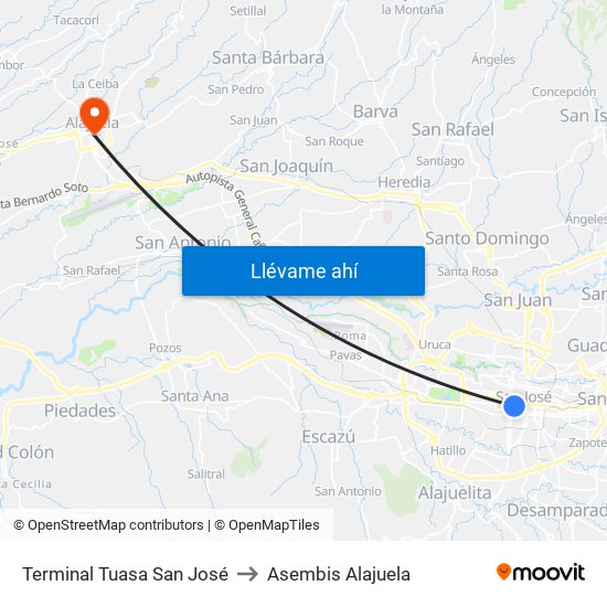 Terminal Tuasa San José to Asembis Alajuela map