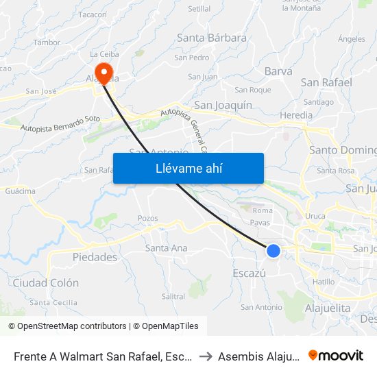 Frente A Walmart San Rafael, Escazú to Asembis Alajuela map