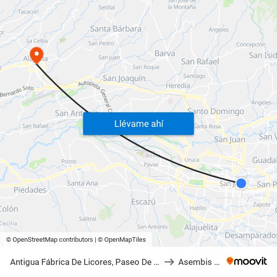 Antigua Fábrica De Licores, Paseo De Las Damas San José to Asembis Alajuela map