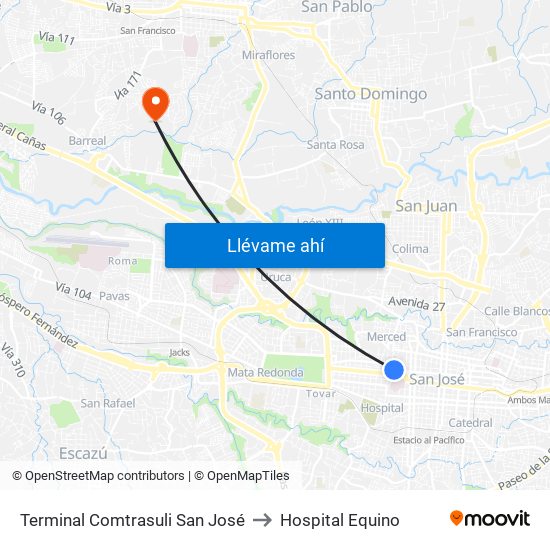 Terminal Comtrasuli San José to Hospital Equino map