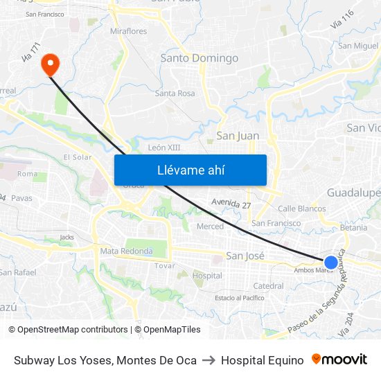 Subway Los Yoses, Montes De Oca to Hospital Equino map
