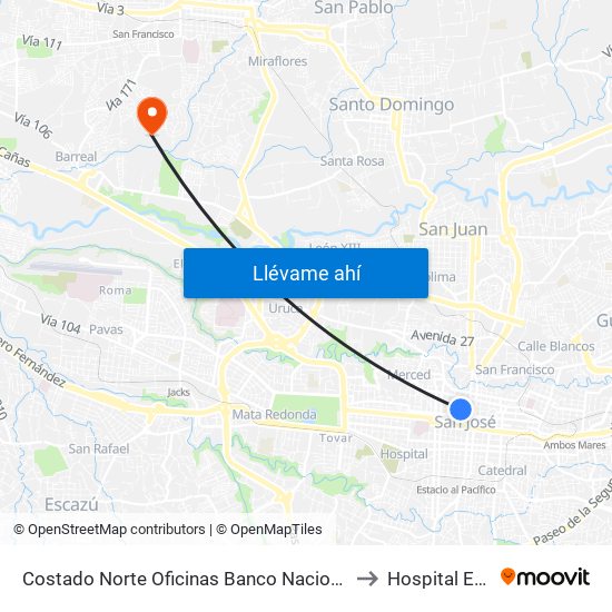 Costado Norte Oficinas Banco Nacional San José to Hospital Equino map