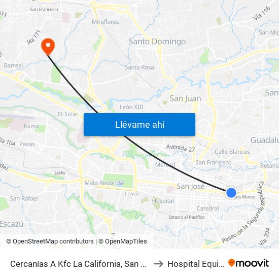 Cercanías A Kfc La California, San José to Hospital Equino map