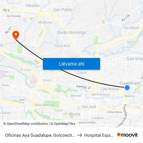 Oficinas Aya Guadalupe, Goicoechea to Hospital Equino map