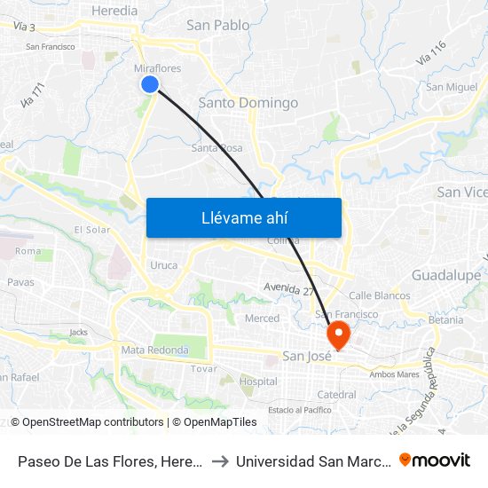 Paseo De Las Flores, Heredia to Universidad San Marcos map