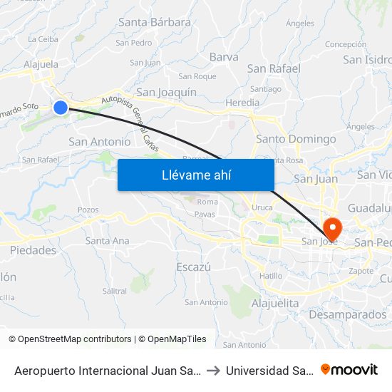 Aeropuerto Internacional Juan Santamaría, Alajuela to Universidad San Marcos map