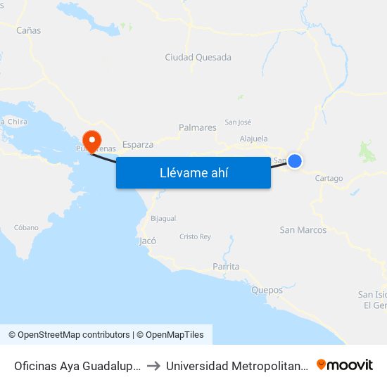 Oficinas Aya Guadalupe, Goicoechea to Universidad Metropolitana Castro Carazo map