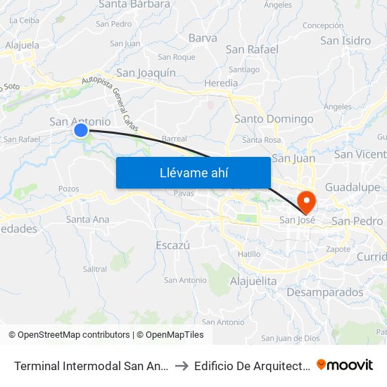 Terminal Intermodal San Antonio De Belén to Edificio De Arquitectura Del Tec map