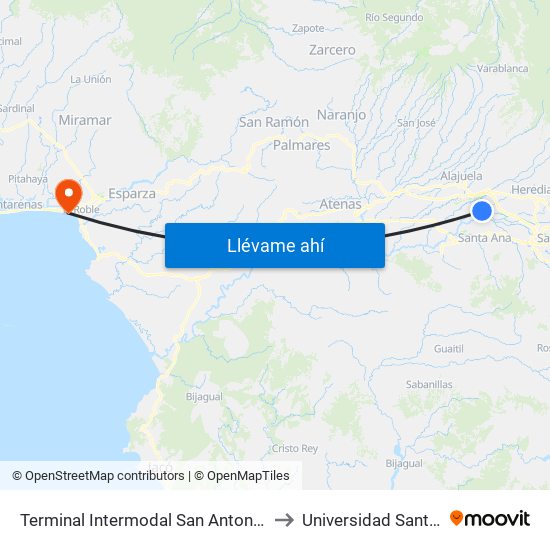 Terminal Intermodal San Antonio De Belén to Universidad Santa Lucía map