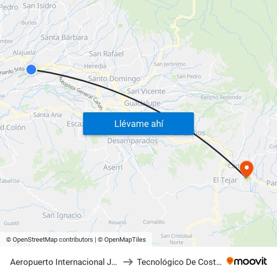 Aeropuerto Internacional Juan Santamaría, Alajuela to Tecnológico De Costa Rica Sede Central map