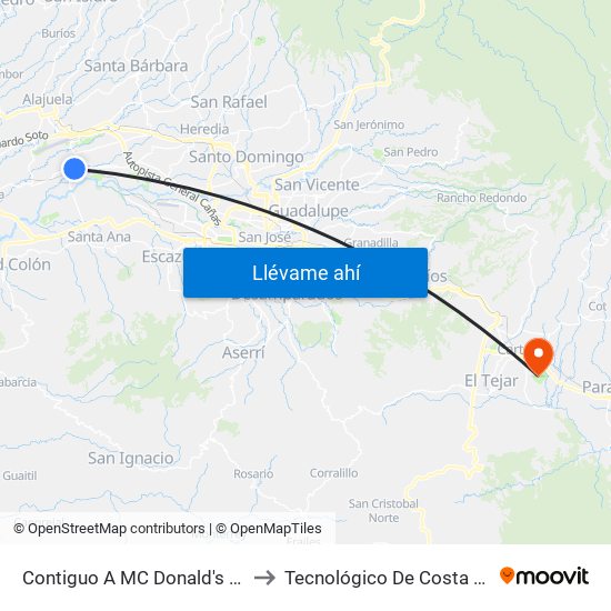 Contiguo A MC Donald's San Antonio, Belén to Tecnológico De Costa Rica Sede Central map