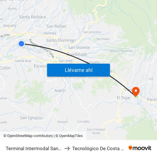 Terminal Intermodal San Antonio De Belén to Tecnológico De Costa Rica Sede Central map