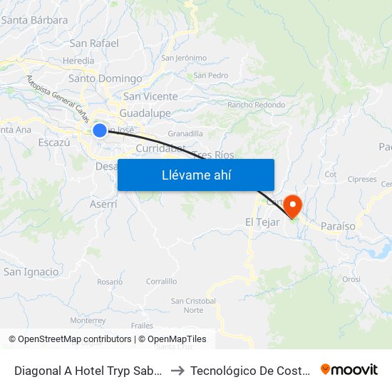 Diagonal A Hotel Tryp Sabana, Mántica San José to Tecnológico De Costa Rica Sede Central map