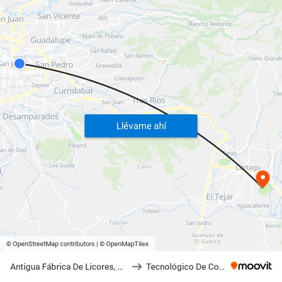 Antigua Fábrica De Licores, Paseo De Las Damas San José to Tecnológico De Costa Rica Sede Central map