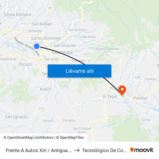Frente A Autos Xiri / Antigua Peugeot, La Valencia Heredia to Tecnológico De Costa Rica Sede Central map