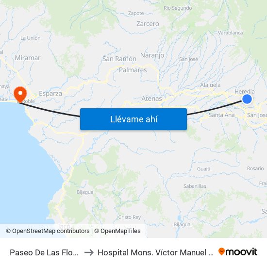 Paseo De Las Flores, Heredia to Hospital Mons. Víctor Manuel Sanabria Martínez map
