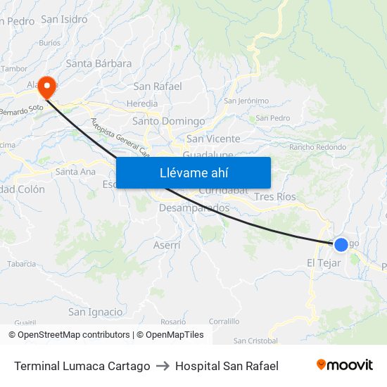 Terminal Lumaca Cartago to Hospital San Rafael map