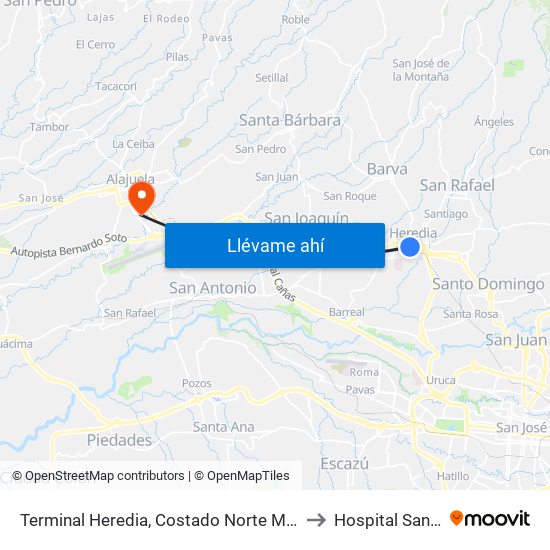 Terminal Heredia, Costado Norte Mercado Heredia to Hospital San Rafael map