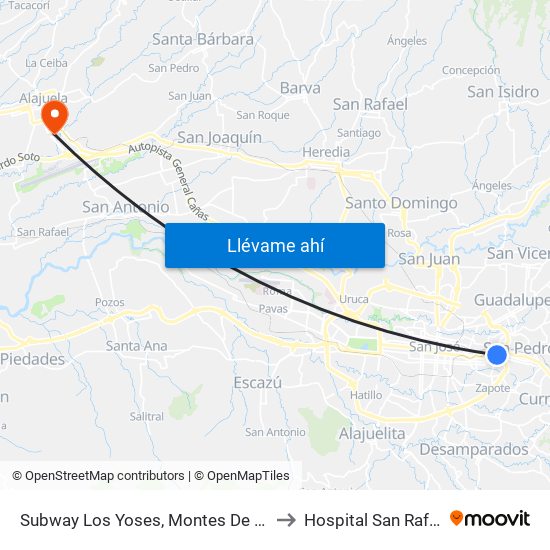 Subway Los Yoses, Montes De Oca to Hospital San Rafael map