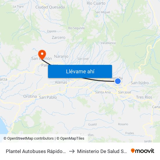 Plantel Autobuses Rápidos Heredianos, Pirro Heredia to Ministerio De Salud Sede Rectora San Ramón map