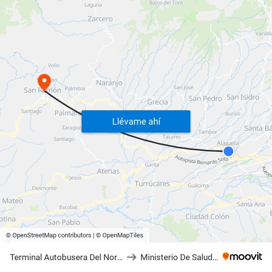 Terminal Autobusera Del Norte, Radial Francisco J. Orlich Alajuela to Ministerio De Salud Sede Rectora San Ramón map