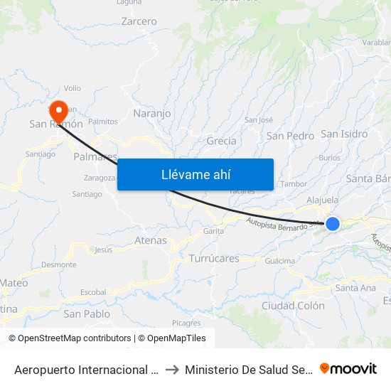 Aeropuerto Internacional Juan Santamaría, Alajuela to Ministerio De Salud Sede Rectora San Ramón map