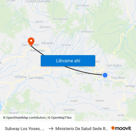 Subway Los Yoses, Montes De Oca to Ministerio De Salud Sede Rectora San Ramón map