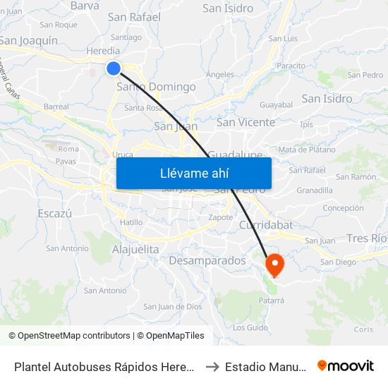 Plantel Autobuses Rápidos Heredianos, Pirro Heredia to Estadio Manuel Sanabria map