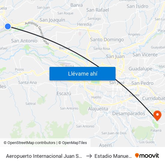 Aeropuerto Internacional Juan Santamaría, Alajuela to Estadio Manuel Sanabria map