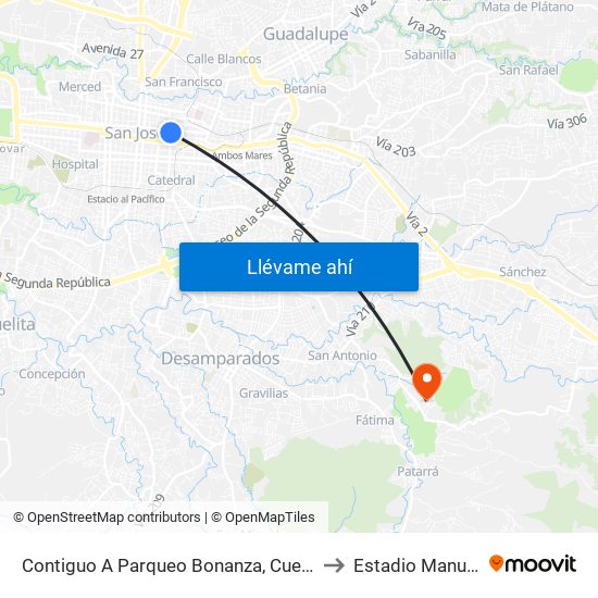 Contiguo A Parqueo Bonanza, Cuesta De Moras San José to Estadio Manuel Sanabria map